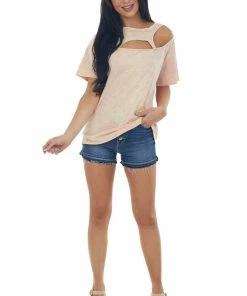 BiBi Peach Washed Double Chest Cut Out Knit Top
