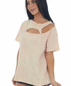 BiBi Peach Washed Double Chest Cut Out Knit Top