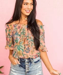Umgee Peach Floral Print Off Shoulder Blouse