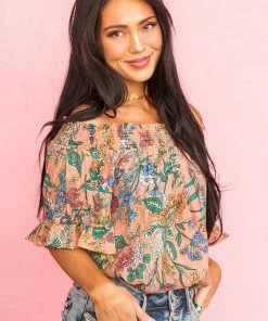 Umgee Peach Floral Print Off Shoulder Blouse