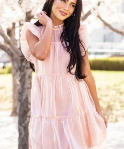 Entro Dresses Peach Glossy Short Dress With Flutter Sleeves