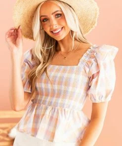 Entro Peach Checkered Puff Sleeve Smocked Blouse Tops