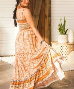 Davi & Dani Peach Printed Sleeveless Smocked Maxi Dress