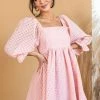 Entro Dresses Peach Sheer Checkered Pattern Short Dress