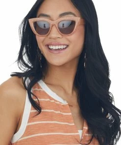 ZAD Peach And Gold Glitter Frame Cat Eye Sunglasses