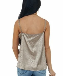 Vine & Love Tops Peanut Leopard Print Frayed Lace Neckline Camisole Blouse