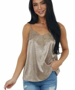 Vine & Love Tops Peanut Leopard Print Frayed Lace Neckline Camisole Blouse