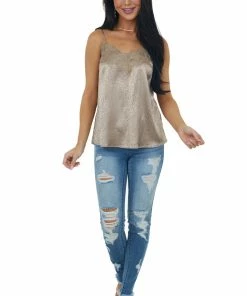 Vine & Love Tops Peanut Leopard Print Frayed Lace Neckline Camisole Blouse