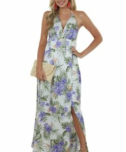 Sweet Lemon Dresses Pearl Floral Print Plunging V Neck Maxi Dress