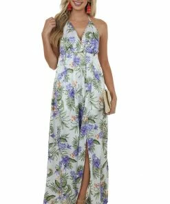 Sweet Lemon Dresses Pearl Floral Print Plunging V Neck Maxi Dress