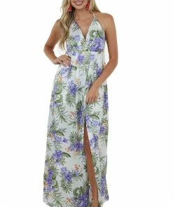 Sweet Lemon Dresses Pearl Floral Print Plunging V Neck Maxi Dress