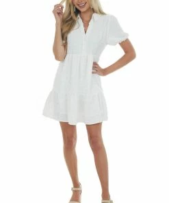 Very J Pearl Swiss Dot Collared Tiered Short Dress Dresses