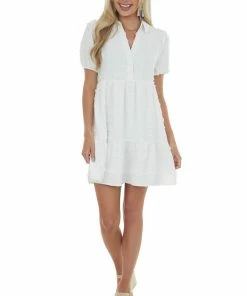 Very J Pearl Swiss Dot Collared Tiered Short Dress Dresses