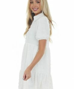 Very J Pearl Swiss Dot Collared Tiered Short Dress Dresses