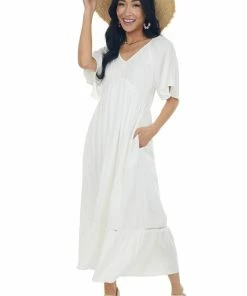 Heyson Dresses Pearl White Half Flutter Sleeve Midi Dress