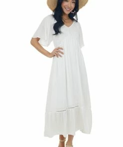 Heyson Dresses Pearl White Half Flutter Sleeve Midi Dress