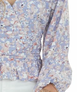 Entro Periwinkle Floral Print Surplice Peplum Blouse