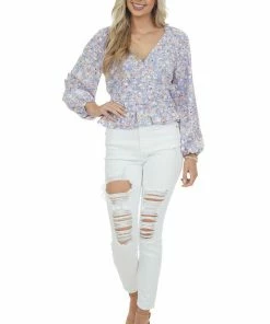 Entro Periwinkle Floral Print Surplice Peplum Blouse