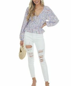 Entro Periwinkle Floral Print Surplice Peplum Blouse