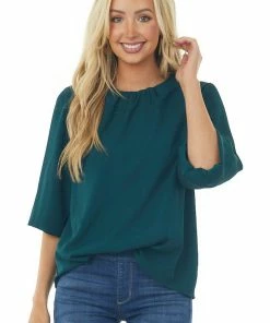 She + Sky Pine 3-4 Puff Sleeve Blouse With Keyhole Back Tops