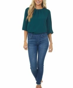 She + Sky Pine 3-4 Puff Sleeve Blouse With Keyhole Back Tops
