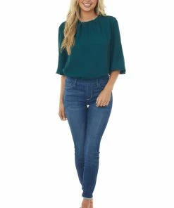 She + Sky Pine 3-4 Puff Sleeve Blouse With Keyhole Back Tops
