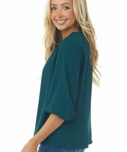 She + Sky Pine 3-4 Puff Sleeve Blouse With Keyhole Back Tops