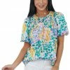 Umgee Pine Multicolored Abstract Smocked Yoke Blouse Tops