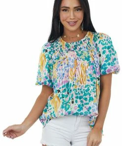 Umgee Pine Multicolored Abstract Smocked Yoke Blouse Tops