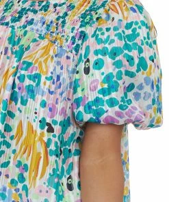 Umgee Pine Multicolored Abstract Smocked Yoke Blouse Tops