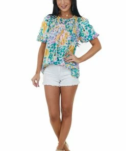 Umgee Pine Multicolored Abstract Smocked Yoke Blouse Tops