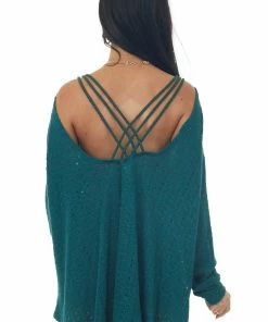 Fantastic Fawn Pine Oversized Pointelle Strappy Back Knit Top
