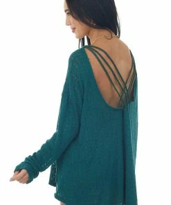 Fantastic Fawn Pine Oversized Pointelle Strappy Back Knit Top