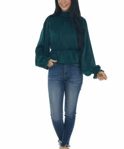 Peach Love Pine Satin Mock Neck Puff Sleeve Peplum Top