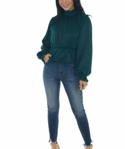 Peach Love Pine Satin Mock Neck Puff Sleeve Peplum Top