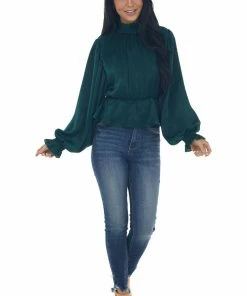 Peach Love Pine Satin Mock Neck Puff Sleeve Peplum Top