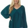 143 Story Pine V Neck Babydoll Puff Sleeve Flowy Top Tops