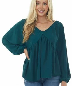 143 Story Pine V Neck Babydoll Puff Sleeve Flowy Top Tops