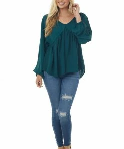 143 Story Pine V Neck Babydoll Puff Sleeve Flowy Top Tops