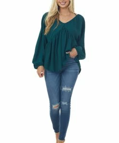 143 Story Pine V Neck Babydoll Puff Sleeve Flowy Top Tops