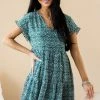 Miss Sparkling Pine Ditsy Leopard Drop Waist V Neck Dress