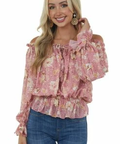 Flying Tomato Pink Sherbet Floral Print Off Shoulder Blouse Tops