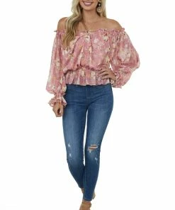 Flying Tomato Pink Sherbet Floral Print Off Shoulder Blouse Tops