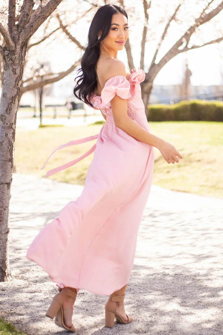 HYFVE Pink Ruffle Off Shoulder Slit Maxi Dress Dresses 4 HYFVE Pink Ruffle Off Shoulder Slit Maxi Dress Dresses