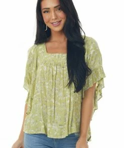 Lush Clothing Tops Pistachio Floral Short Angel Sleeve Blouse