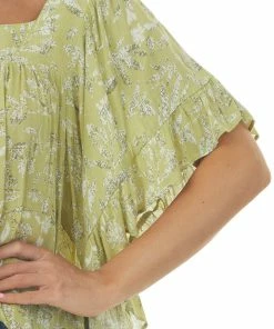 Lush Clothing Tops Pistachio Floral Short Angel Sleeve Blouse
