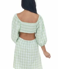 Umgee Dresses Pistachio Gingham Cut Out Puff Sleeve Dress