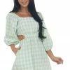 Umgee Dresses Pistachio Gingham Cut Out Puff Sleeve Dress