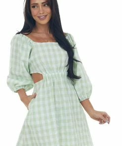 Umgee Dresses Pistachio Gingham Cut Out Puff Sleeve Dress