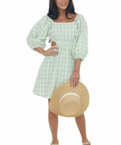 Umgee Dresses Pistachio Gingham Cut Out Puff Sleeve Dress